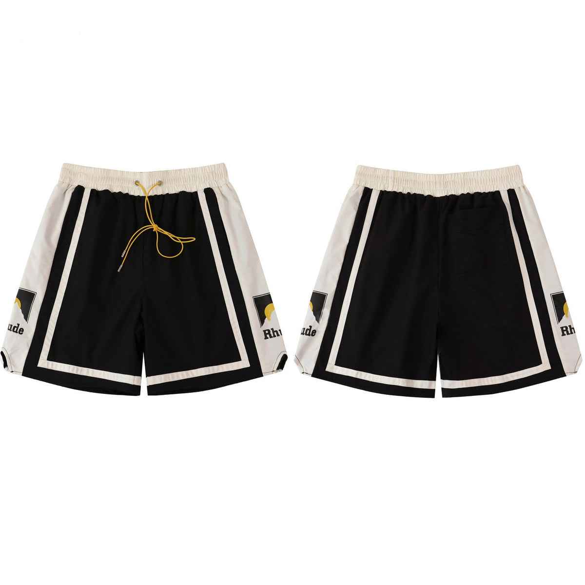 Rhude Black‑White Color‑Block Mountain Logo Drawstring Streetwear Shorts