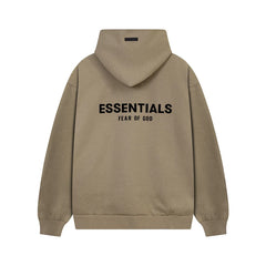 Fog Essentials Bold Black‑Print Khaki Oversized Cropped‑Hem Hooded Sweatshirt