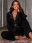 Black Satin Striped Button-Down Long Sleeve Pajama Set