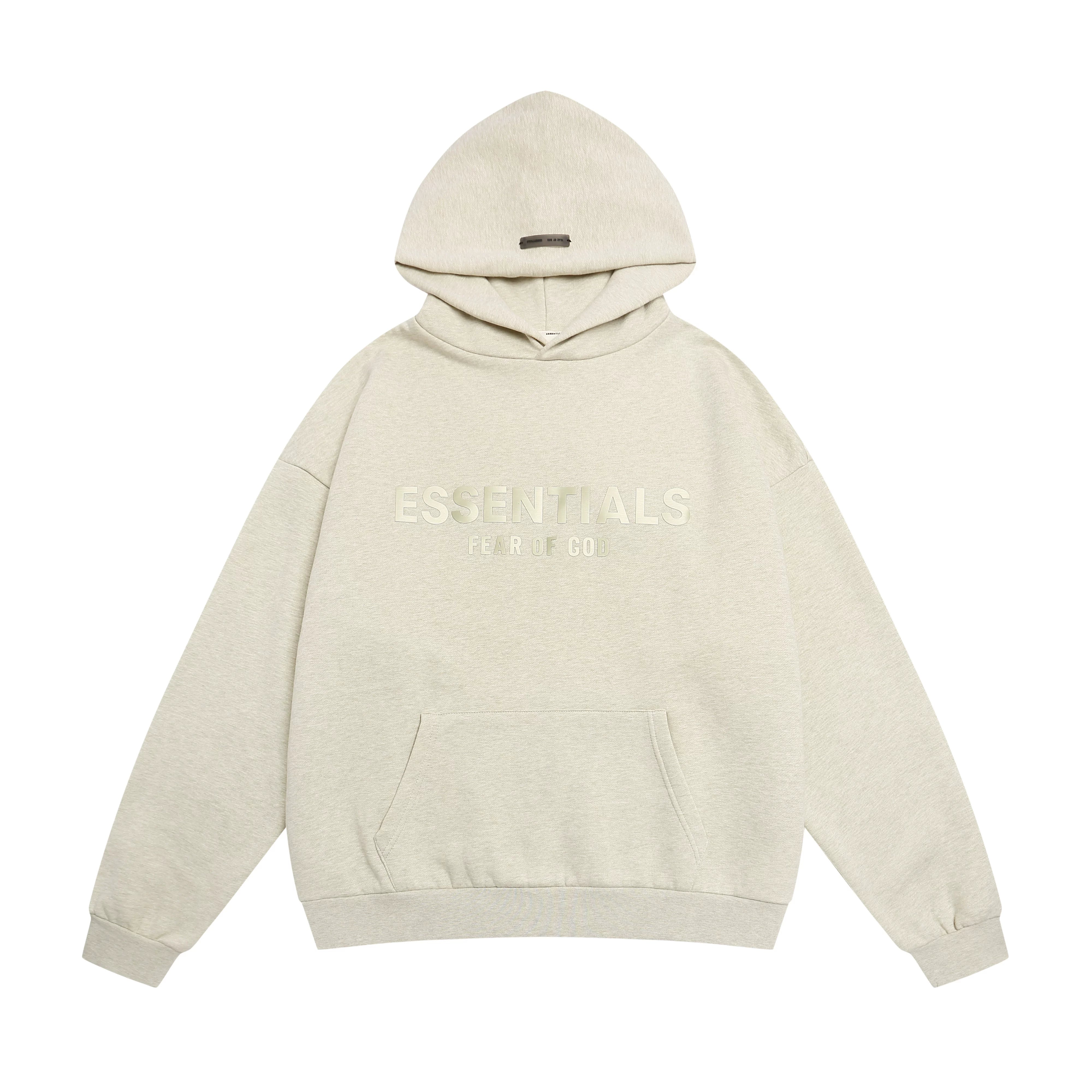Fog Essentials Heather Oatmeal Textured‑Fabric Logo Hoodie, Oversized Cozy Hooded Pullover