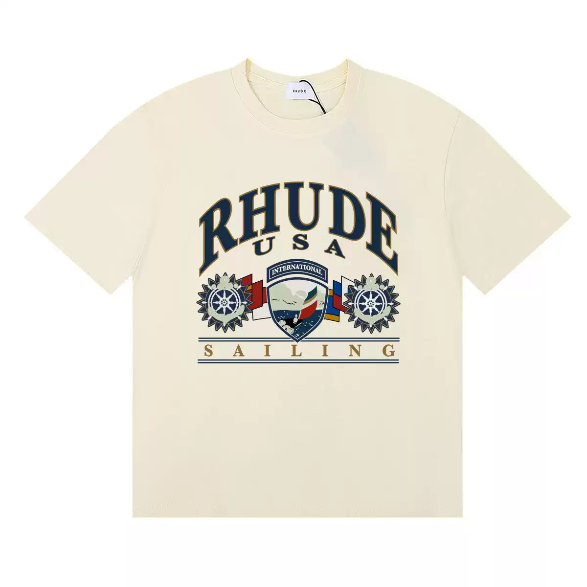Rhude USA Sailing Crest Graphic Cream Short Sleeve T‑Shirt