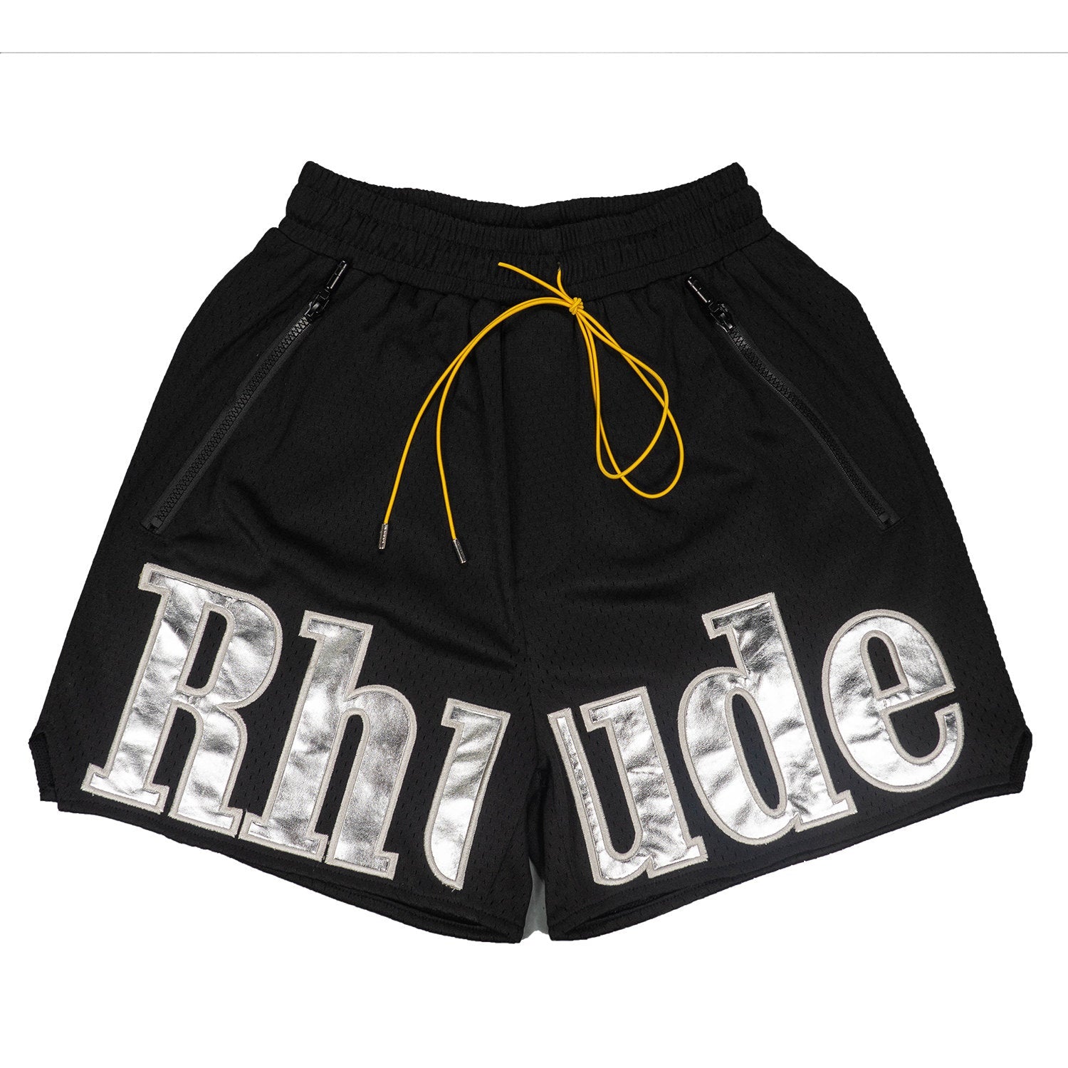 Rhude Large Silver Logo Applique Mesh Streetwear Drawstring Black Shorts