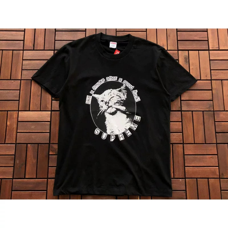 Supreme Black Circle Cat Portrait Graphic Short‑Sleeve T‑Shirt Trendy Street Top
