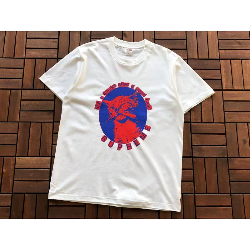 Supreme White Circle Cat Portrait Graphic Short‑Sleeve T‑Shirt Casual Urban Tee