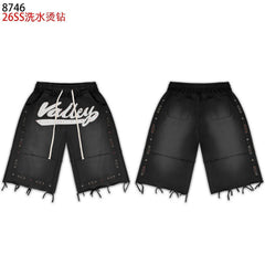VALEFOREVER Black Washed Rhinestone Shorts with Script Logo & Fringe Hem