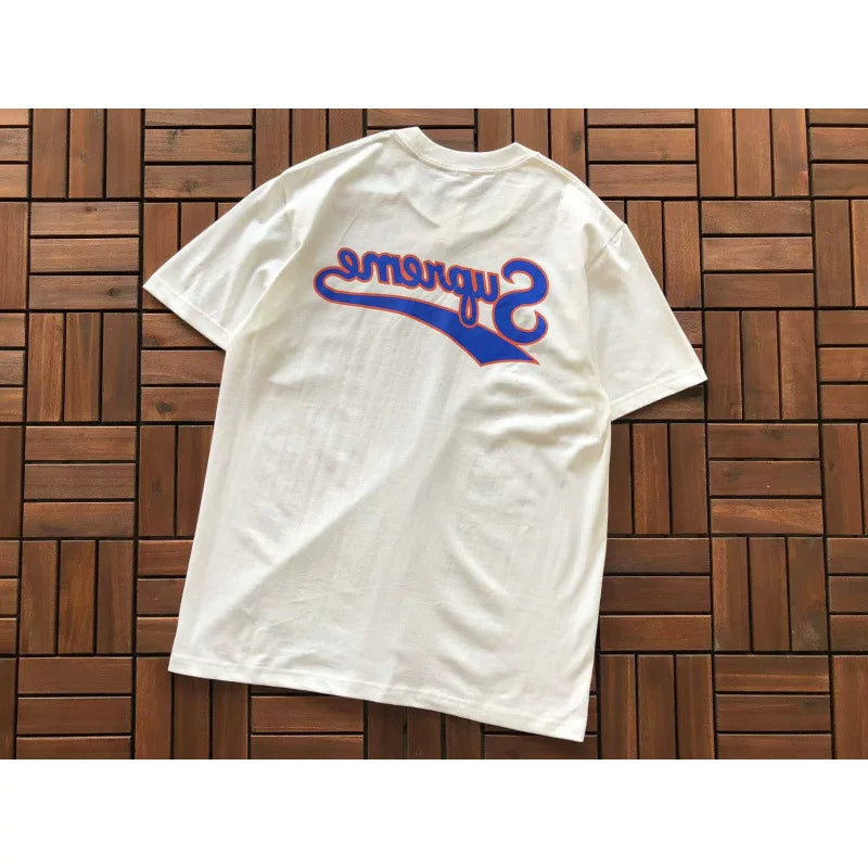 Supreme White Blue‑Red Back Script Graphic T‑Shirt Casual Hip‑Hop Short‑Sleeve Top