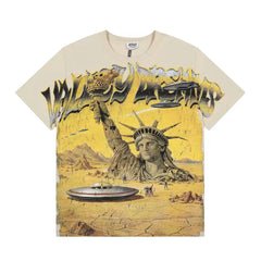 VALEFOREVER Cream Desert Statue of Liberty UFO Retro Graphic Short Sleeve T-Shirt