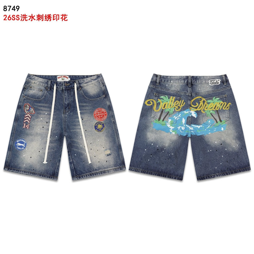 VALEFOREVER Vintage Washed Denim Shorts with Tropical Palm Tree Print