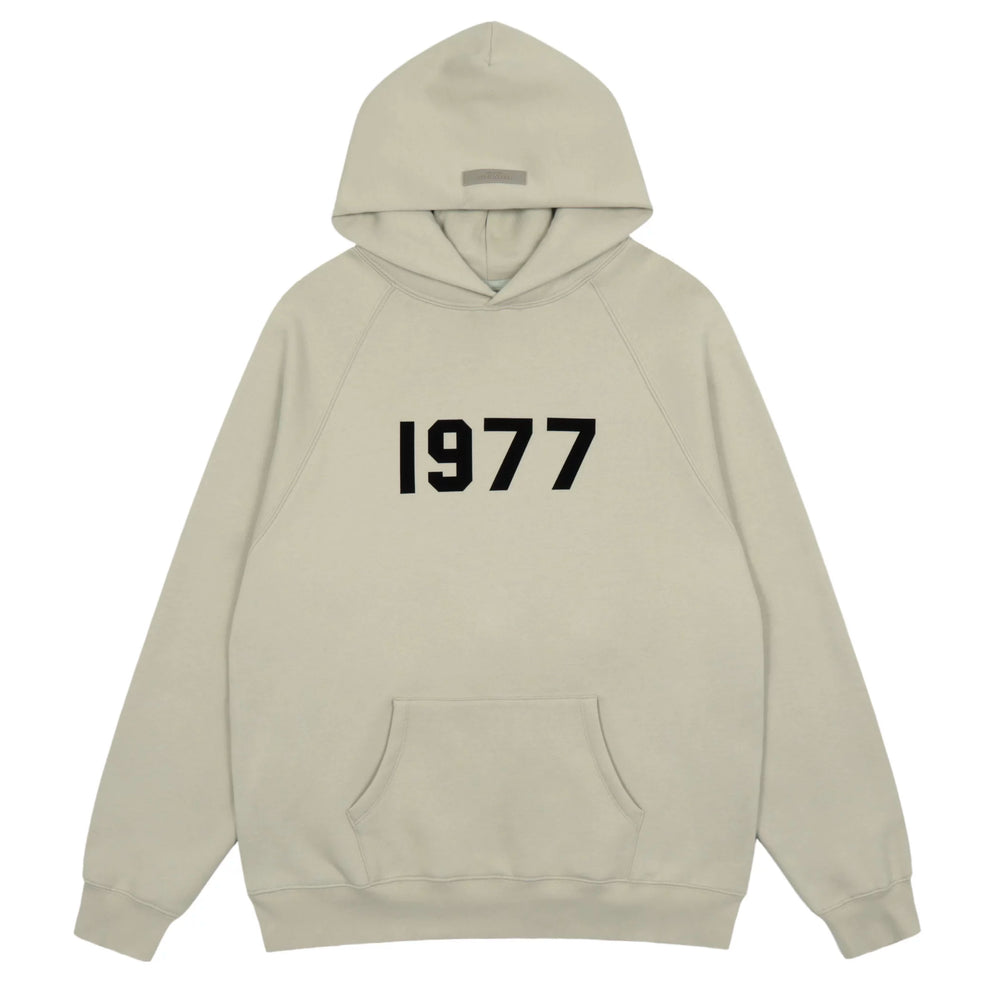 Fog Essentials Light Beige 1977 Bold Black‑Print Loose‑Fit Pullover Hoodie