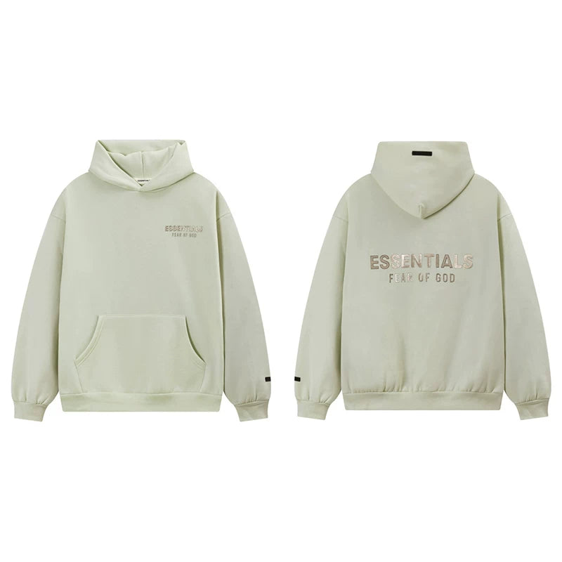 Fog Essentials Light Green Fleece‑Lined Oversized Pullover Hoodie Chest Logo