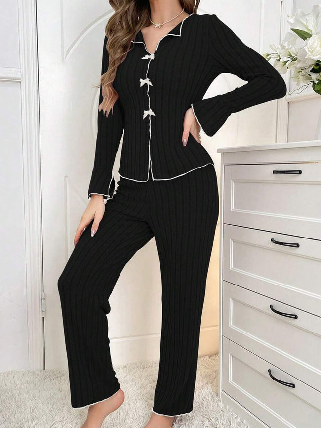 Black Ribbed Bow-Tie Long Sleeve Pajama Set Hover Image