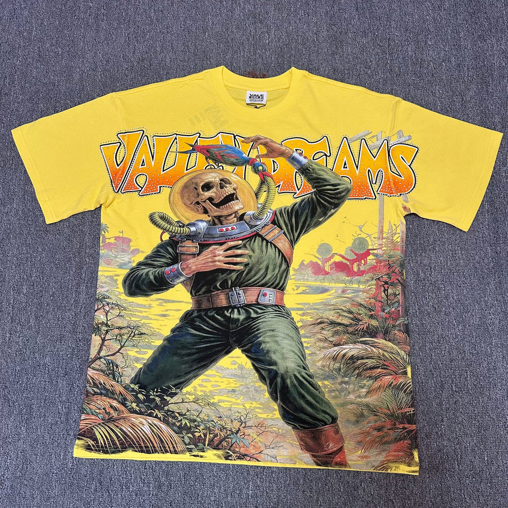 VALEFOREVER Yellow Skeleton Astronaut Vintage Graphic Short Sleeve T-Shirt
