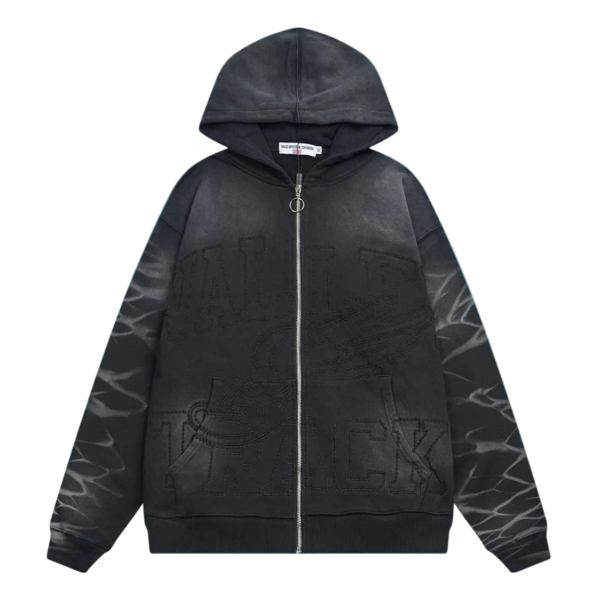 Valley Track Embossed Lightning‑Sleeve Zip‑Up Hoodie, Unisex Black Vintage Streetwear Jacket