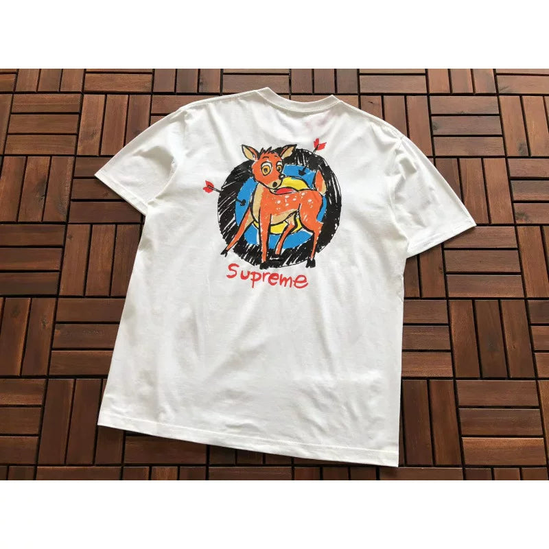 Supreme White Colorful Deer Back Graphic Short‑Sleeve T‑Shirt Fashion Street Top