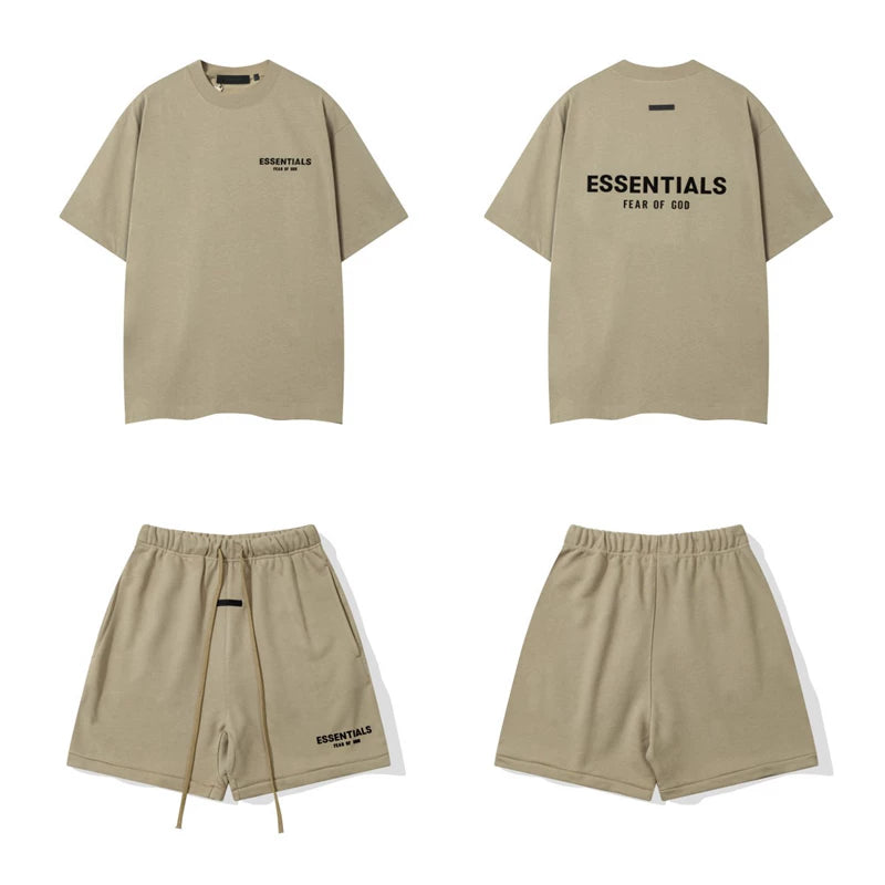 Fog Essentials Khaki Oversized T‑Shirt And Drawstring Shorts Hip‑Hop 2‑Piece Streetwear Suit