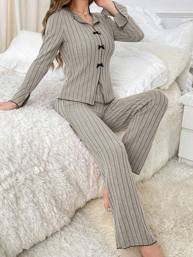 Grey Ribbed Bow-Tie Long Sleeve Pajama Set Hover Image