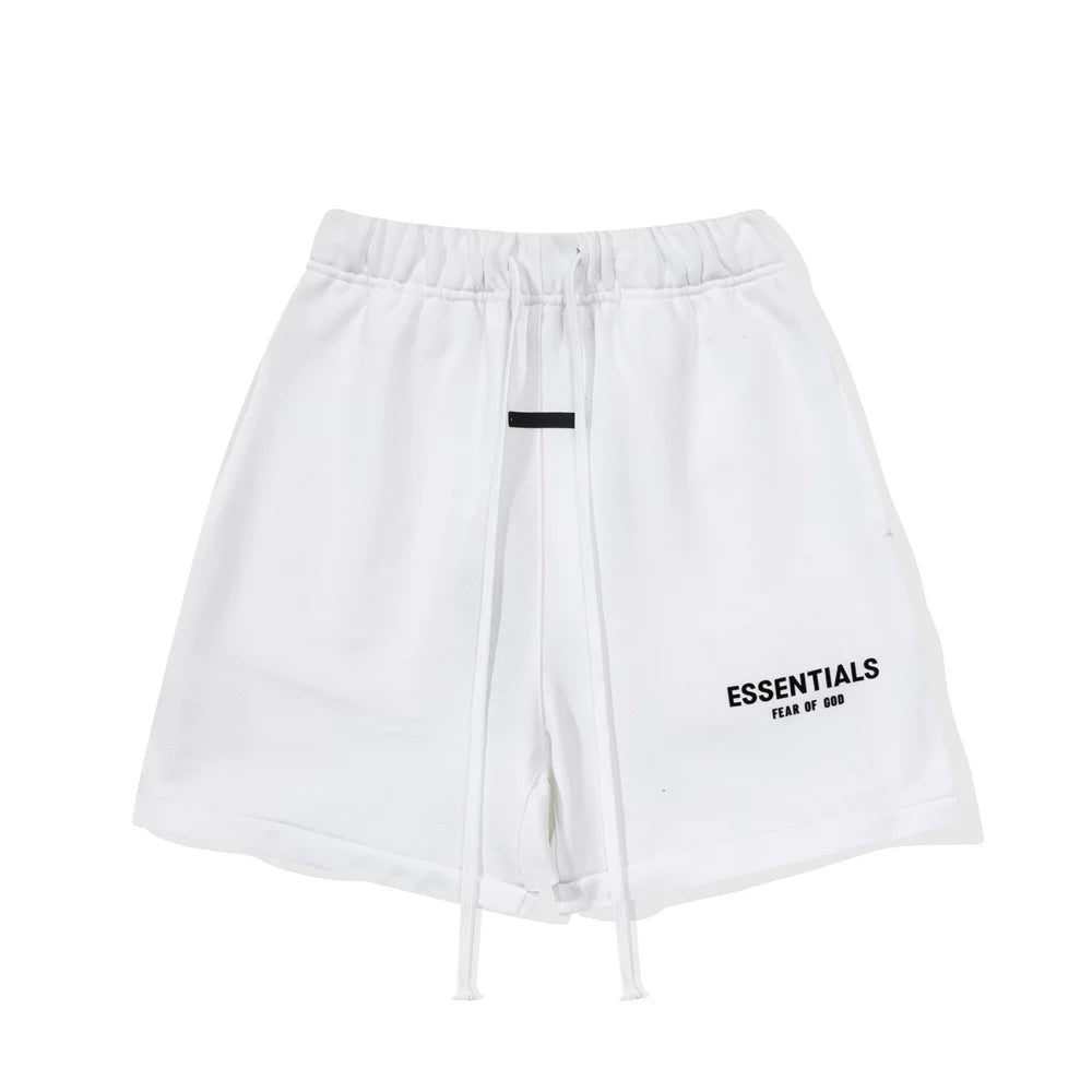 Fog Essentials White Elastic Waist Drawstring Logo Print Casual Street‑Wear Sweat Shorts