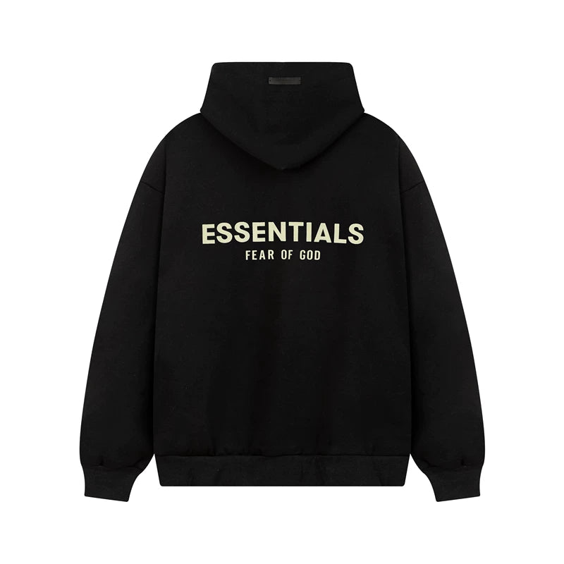 Fog Essentials Cream‑Logo Black Oversized Drop‑Shoulder Pullover Hoodie
