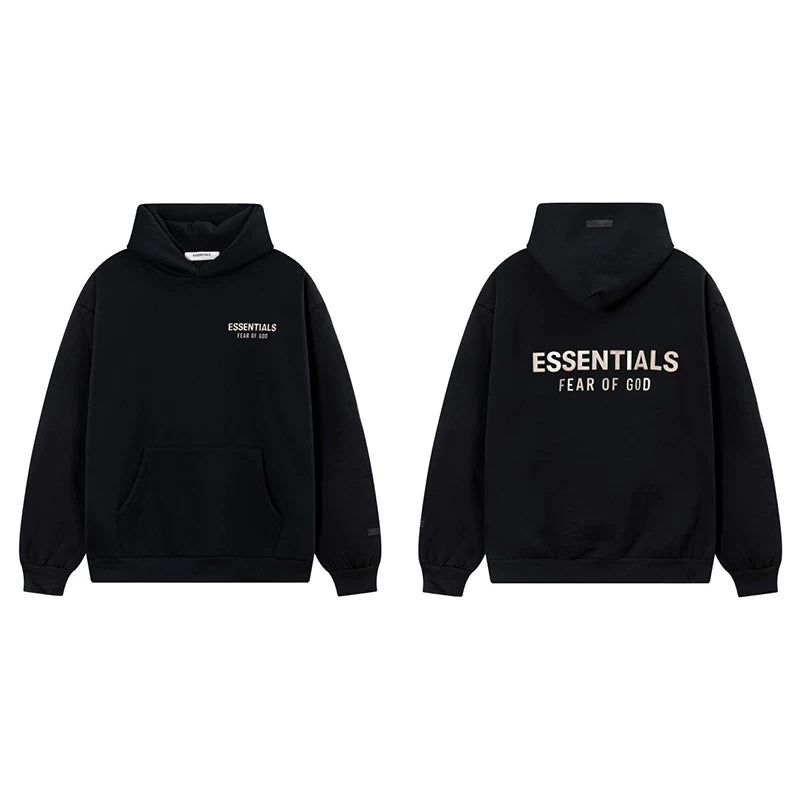 Fog Essentials Black Fleece‑Lined Oversized Pullover Hoodie Chest Logo