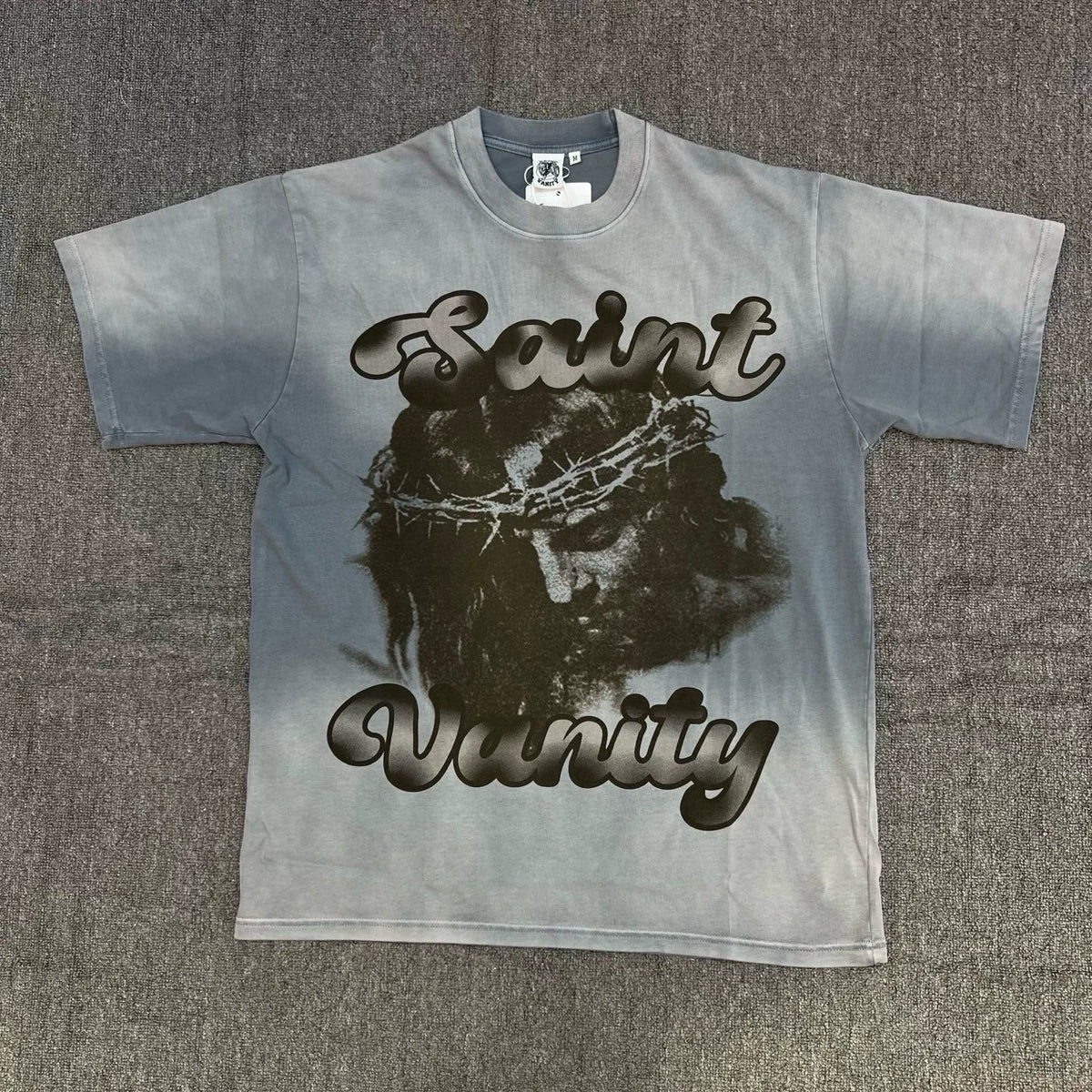 SAINT VANITY American street style SAINT VANITY washed and distressed portrait print  T-shirt