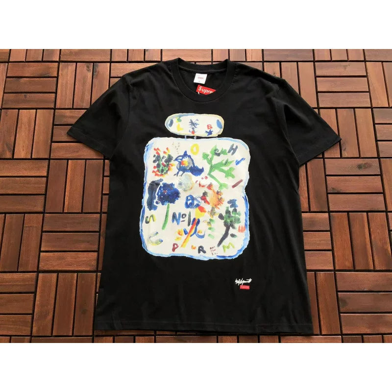 Supreme Black Multicolor Abstract Art Graphic Short‑Sleeve T‑Shirt Hip‑Hop Statement Top