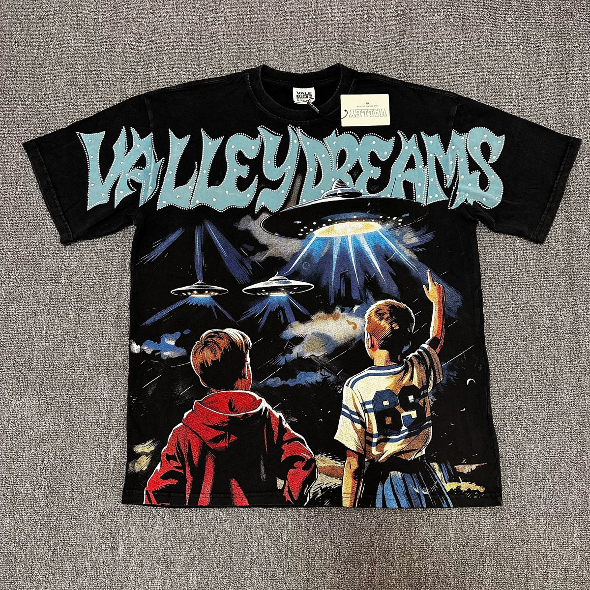 VALEFOREVER Black UFO Kids Retro Sci-Fi Graphic Short Sleeve T-Shirt