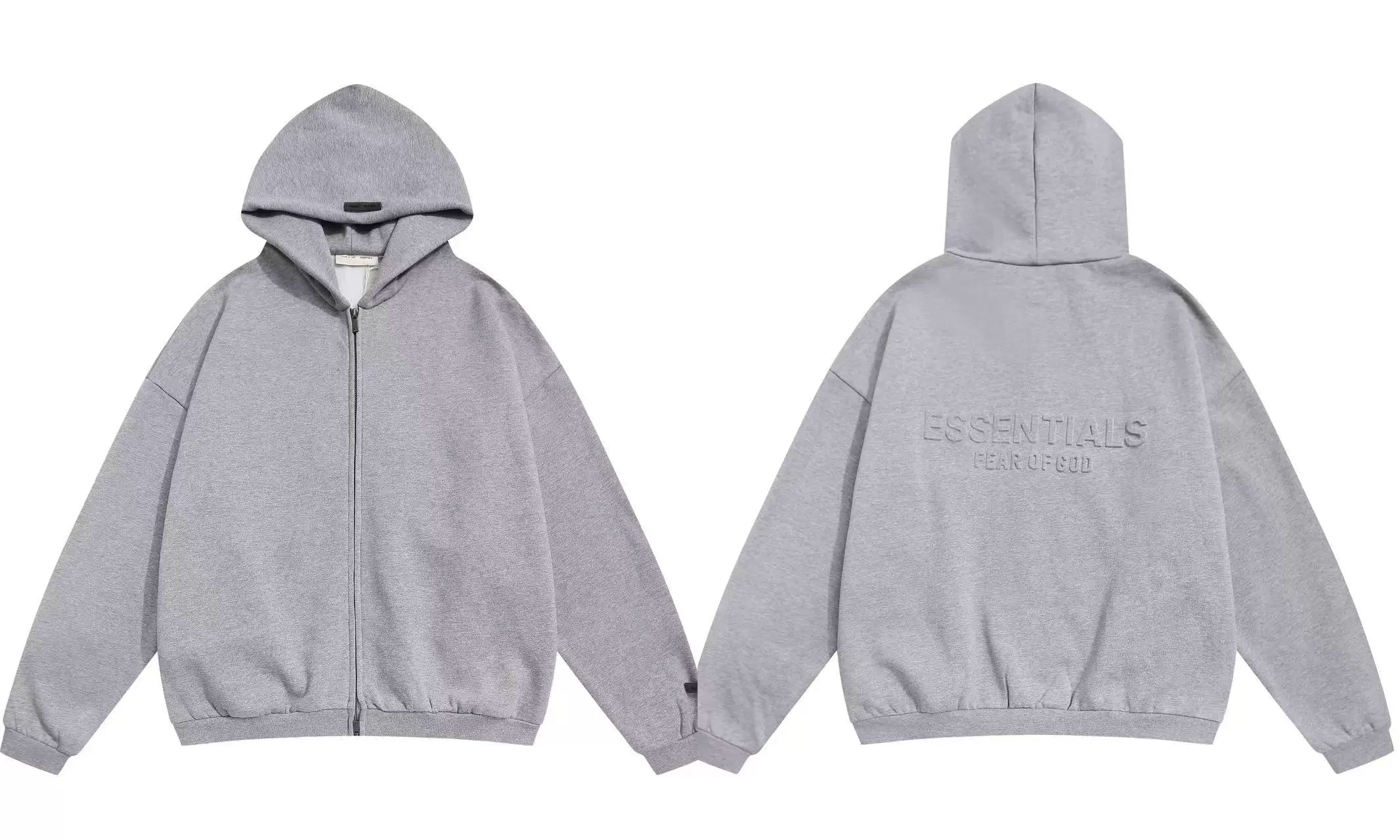 Fog Essentials Heather Grey Oversized Zip‑Up Hoodie, Embossed Back‑Logo Streetwear Jacket