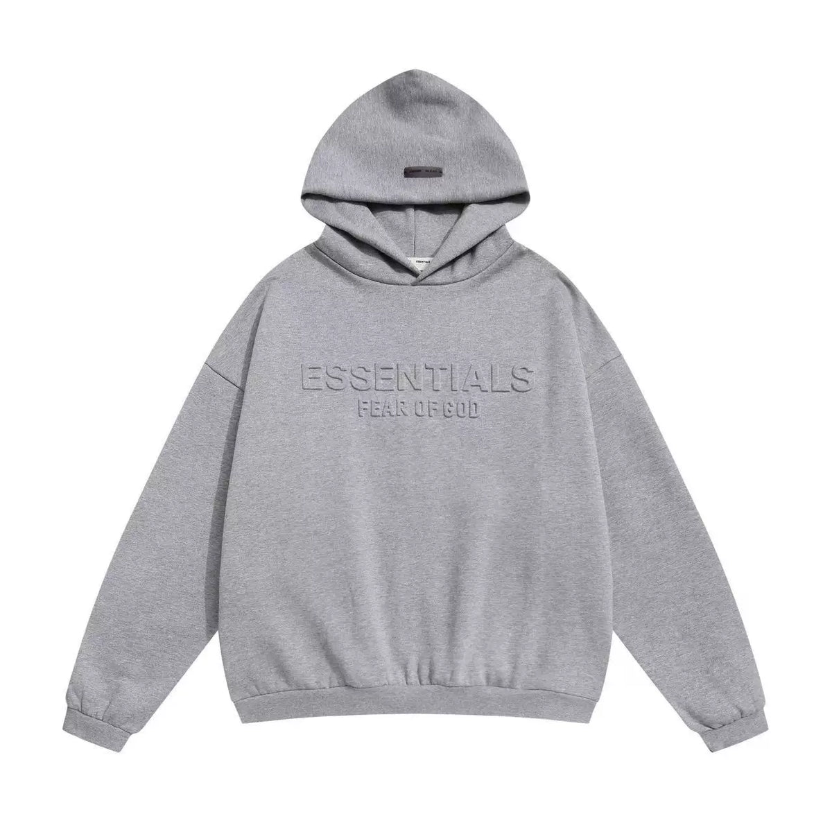 Fog Essentials Heather Gray Debossed Letter Hoodie, Relaxed‑Fit Neutral Street‑Wear Pullover