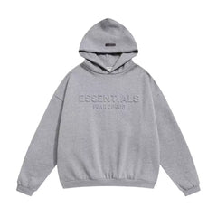 Fog Essentials Heather Gray Debossed Letter Hoodie, Relaxed‑Fit Neutral Street‑Wear Pullover
