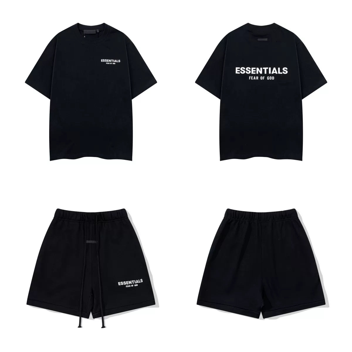 Fog Essentials Black Logo 2‑Piece Outfit Oversized T‑Shirt & Drawstring Sweat Shorts Street Co‑ord Set