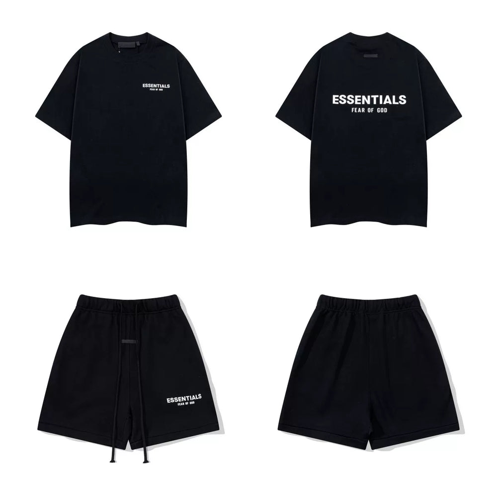 Fog Essentials Black Logo 2‑Piece Outfit Oversized T‑Shirt & Drawstring Sweat Shorts Street Co‑ord Set