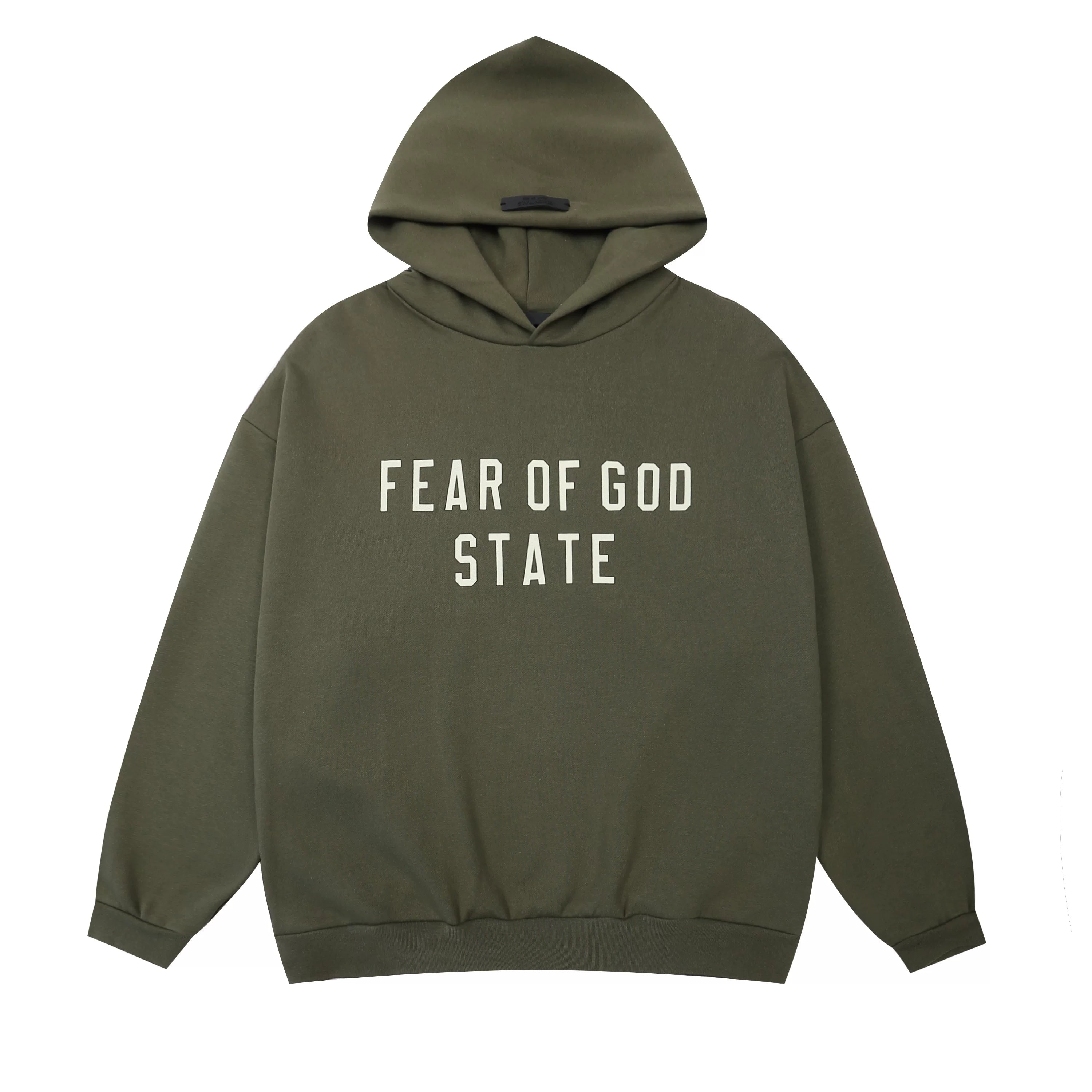 Fog Essentials Olive‑Green Oversized Hoodie White “FEAR OF GOD STATE” Chest Logo