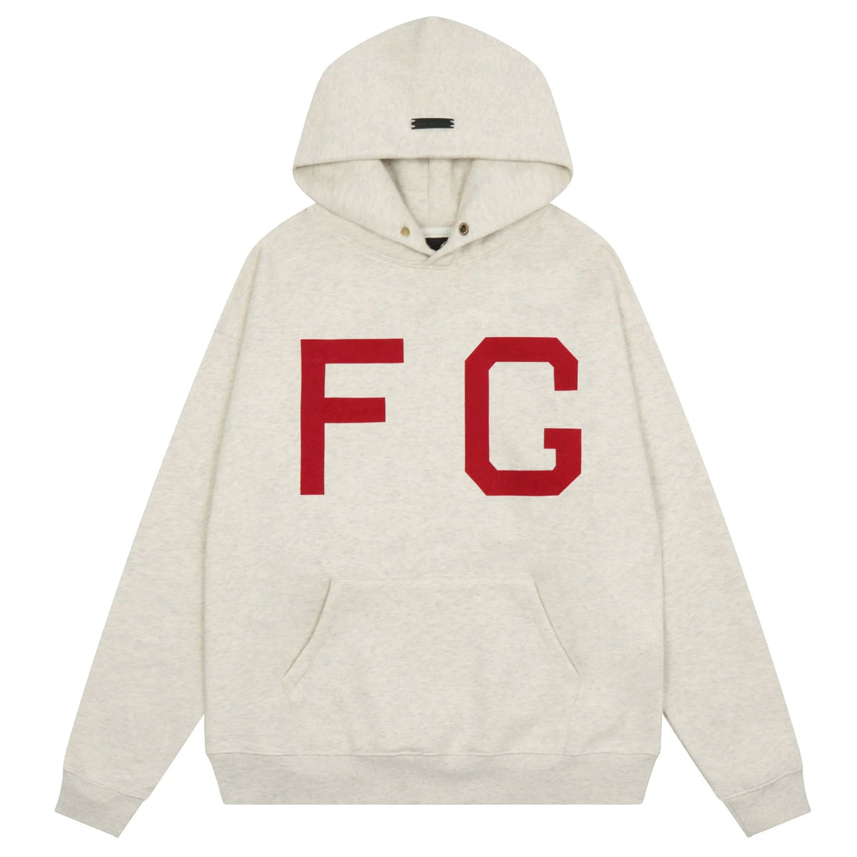 Fog Essentials Heather Oatmeal Bold Large Red FG Graphic Oversized Hoodie
