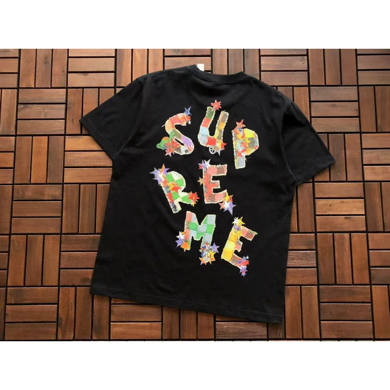 Supreme Black Colorful Star Back Graphic T‑Shirt Hip‑Hop Short‑Sleeve Top