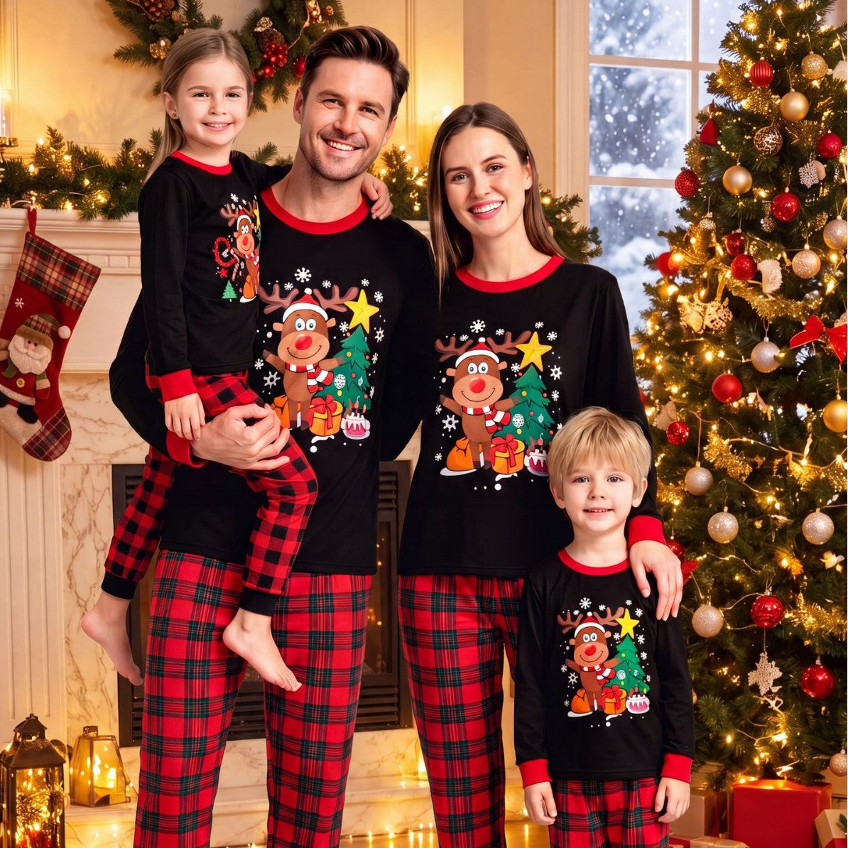 Cross border European and American Christmas autumn/winter parent-child fashion printed contrasting long sleeved pants family two-piece set pajamas