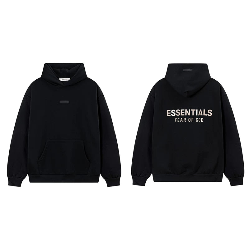 Fog Essentials Solid Black Fleece‑Lined Oversized Pullover Hoodie White Chest Logo