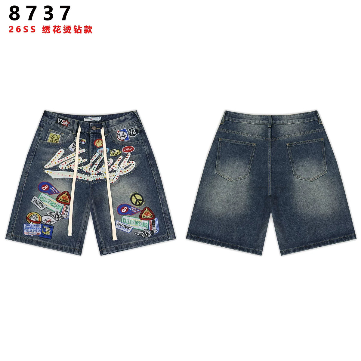 VALEFOREVER Vintage Blue Denim Shorts with Multi Patch Logo & Rhinestone Print