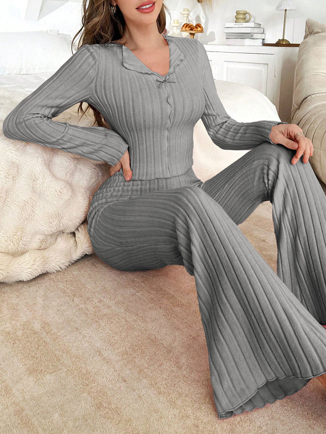 Grey Ribbed Bow-Tie Long Sleeve Pajama Set Hover Image