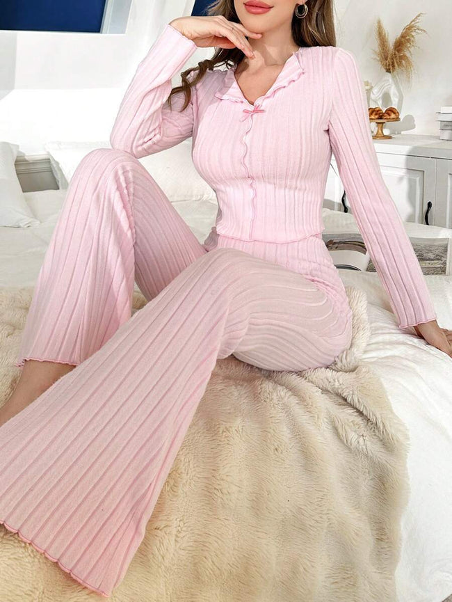Pink Ribbed Bow-Tie Long Sleeve Pajama Set Hover Image
