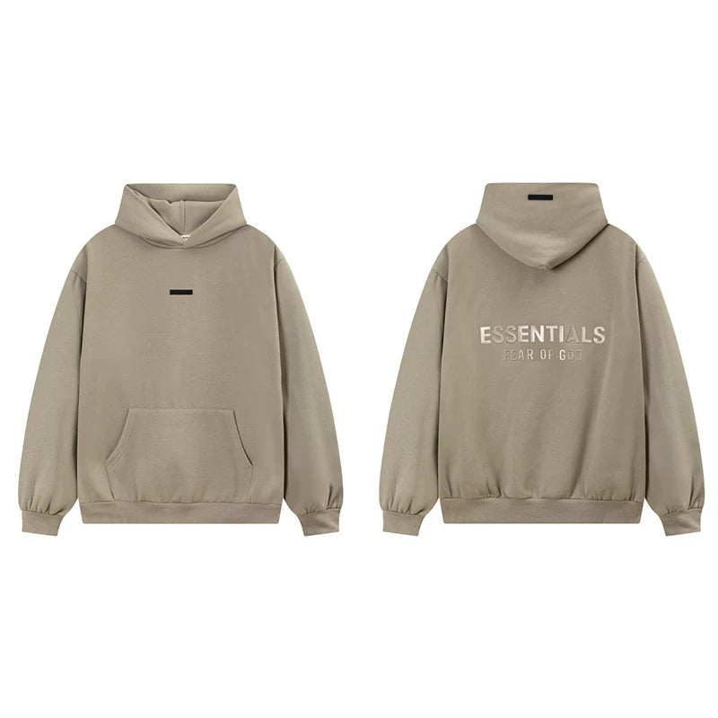Fog Essentials Khaki Fleece‑Lined Oversized Pullover Hoodie Chest Logo