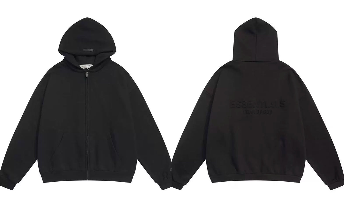 Fog Essentials Black Tonal Embossed Back Logo Zip‑Up Hoodie, Oversized Heavy‑Weight Street Jacket