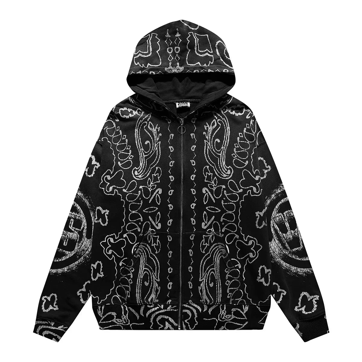 VALEFOREVER Black White Bandana Paisley Full Print Zip Hoodie