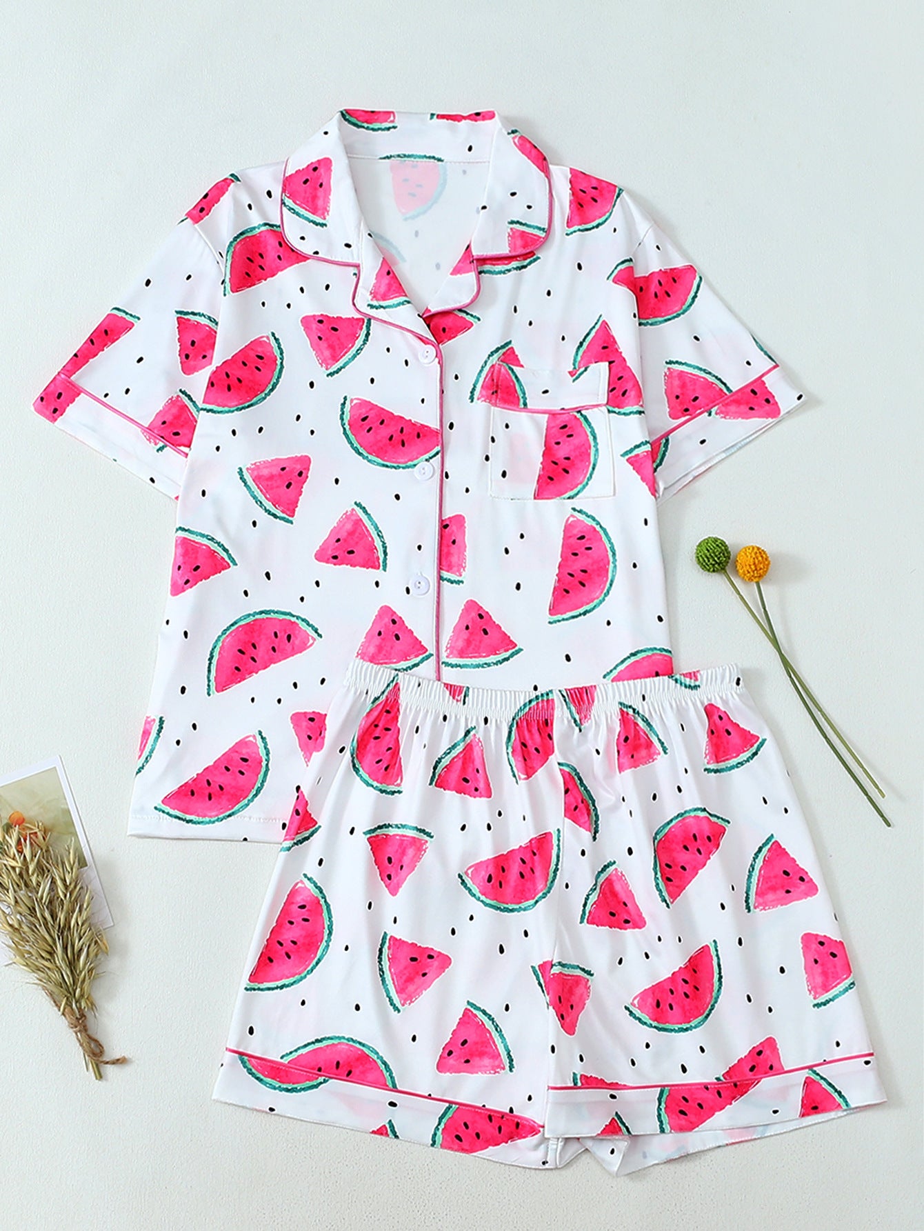 European and American cross-border new cardigans, pajamas, fashionable fruit prints, casual cardigans, short sleeved shorts, home clothes set for women (1)