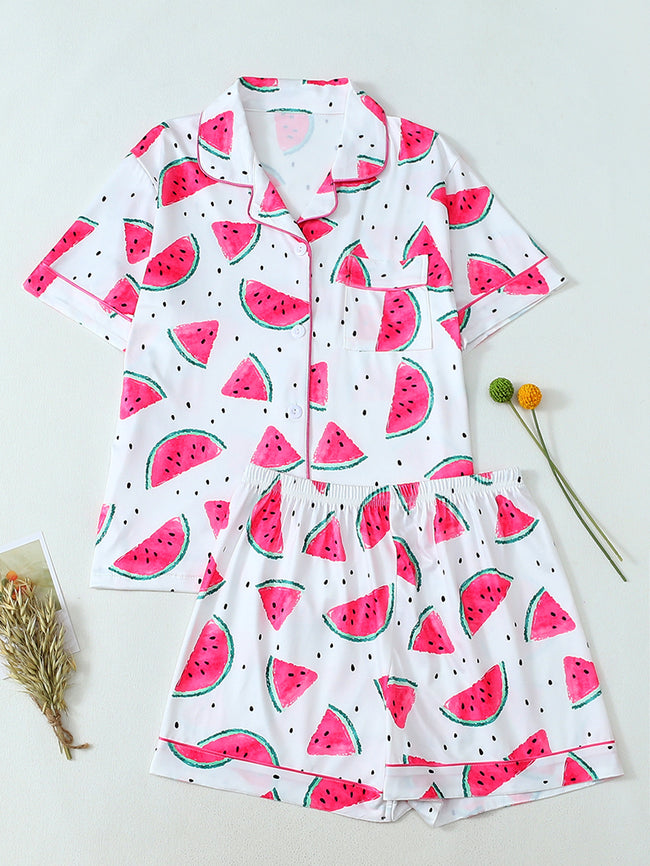 European and American cross-border new cardigans, pajamas, fashionable fruit prints, casual cardigans, short sleeved shorts, home clothes set for women (1) Hover Image