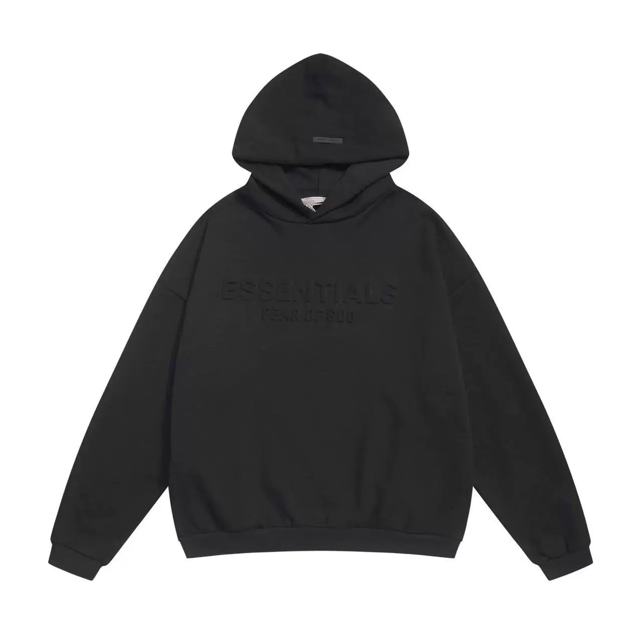 Fog Essentials Black Embossed Front Logo Hoodie, Baggy Heavy‑Weight Casual Hooded Sweatshirt