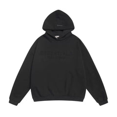 Fog Essentials Black Embossed Front Logo Hoodie, Baggy Heavy‑Weight Casual Hooded Sweatshirt