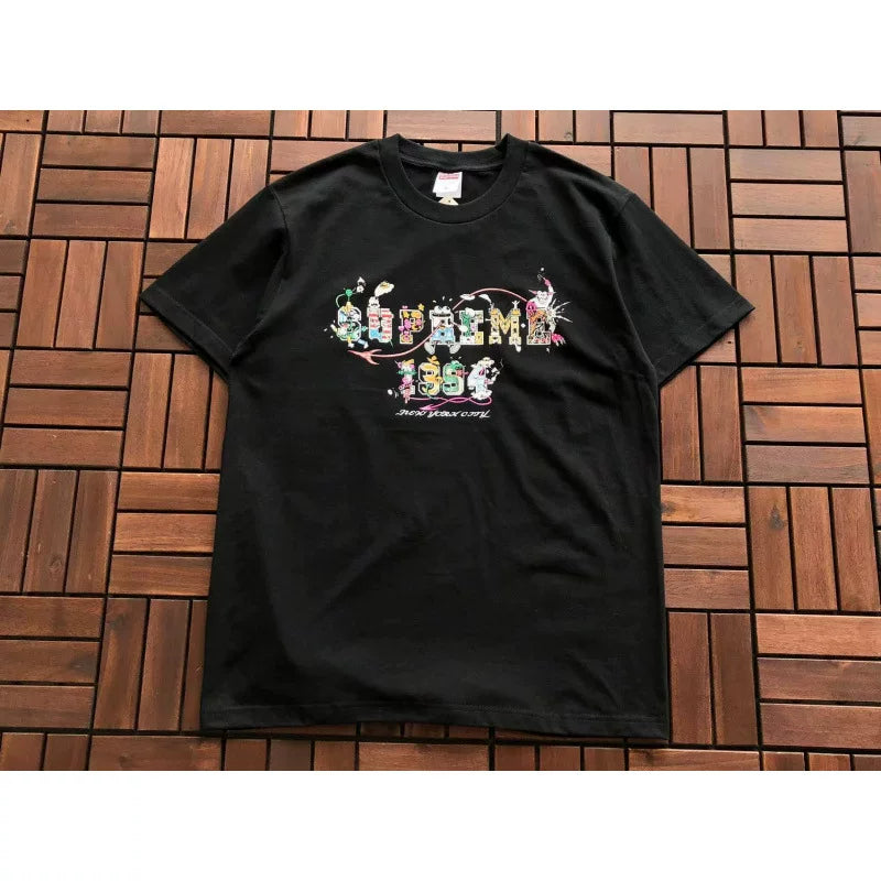 Supreme Black Graffiti Graphic T‑Shirt Casual Hip‑Hop Short Sleeve