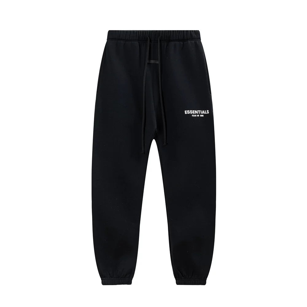 Fog Essentials White‑Print Solid‑Black Baggy Elastic‑Cuff Jogger Sweatpants