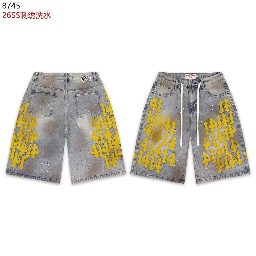 VALEFOREVER Vintage Washed Denim Shorts with Yellow 41 Embroidery Print