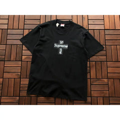 Supreme Black Cross Graphic Logo T‑Shirt Hip‑Hop Short‑Sleeve Top